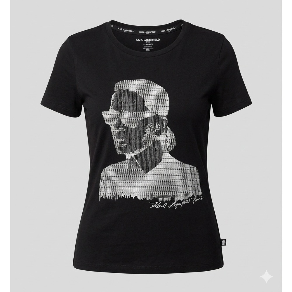 Karl Lagerfeld Paris Women's Vertical Icon Portrait Black T-Shirt. Size XS